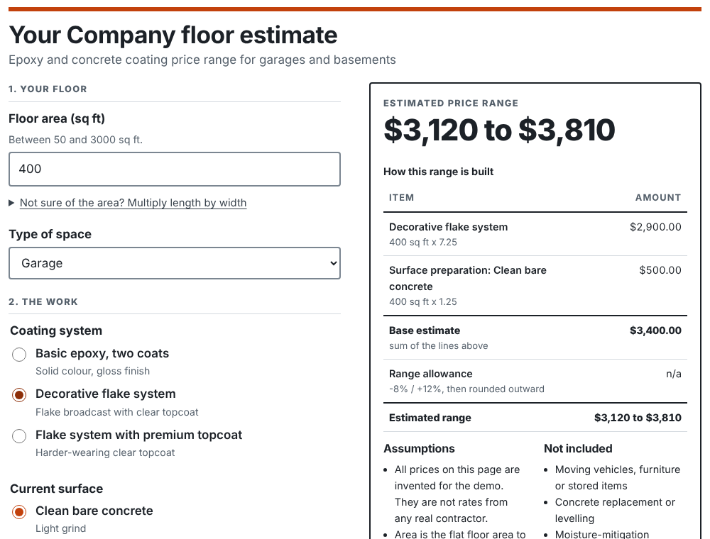 Screenshot of the demo estimator showing a floor-area field, coating choices and a price range with a line-by-line breakdown